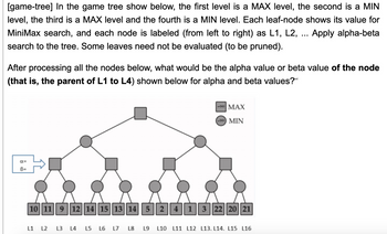 [game-tree] In the game tree show below, the first level is a MAX level, the second is a MIN
level, the third is a MAX level and the fourth is a MIN level. Each leaf-node shows its value for
MiniMax search, and each node is labeled (from left to right) as L1, L2, Apply alpha-beta
search to the tree. Some leaves need not be evaluated (to be pruned).
After processing all the nodes below, what would be the alpha value or beta value of the node
(that is, the parent of L1 to L4) shown below for alpha and beta values?**
α=
B=
-00 MAX
+00 MIN
10 11 9 12 14 15 13 14 5 2 4 1 3 22 20 21
L1 L2 L3 L4 L5 L6 L7 L8 L9 L10 L11 L12 L13. L14. L15 L16