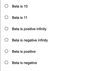 O Beta is 10
O Beta is 11
O Beta is positive infinity
O Beta is negative infinity
O Beta is positive
O Beta is negative