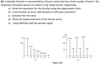 Q1. A periodic function is represented by a Fourier series that has a finite number of terms. The
amplitude and phase spectra are shown in Fig. Q1(a) and (b), respectively.
a) Write the expression for the function using the trigonometric form.
b)
Is the function an even, odd function or half-wave symmetry?
c) Calculate the rms value
d) Write the exponential form of the Fourier series.
e) Using MATLAB, plot the periodic signal.
An
0.25
0.38
0.16
0.11
0.08
0.06 0.05
0 п 2п 3п 4п 5п бп
(a)
W
Figure Q1
270°
180°
90°
237.8°
90°º
258°
262.7°
90°
90°
0 п 2п 3п 4п 5п бп
(b)
(0)