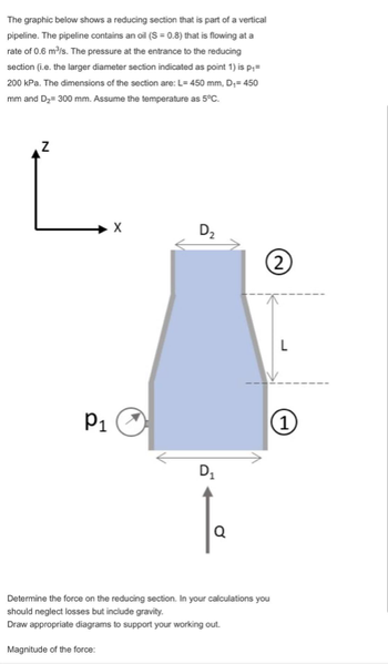 The graphic below shows a reducing section that is part of a vertical
pipeline. The pipeline contains an oil (S = 0.8) that is flowing at a
rate of 0.6 m³/s. The pressure at the entrance to the reducing
section (i.e. the larger diameter section indicated as point 1) is p₁=
200 kPa. The dimensions of the section are: L= 450 mm, D₁= 450
mm and D₂= 300 mm. Assume the temperature as 5°C.
Ľ.
X
P₁
D₂
D₁
Q
(2
Determine the force on the reducing section. In your calculations you
should neglect losses but include gravity.
Draw appropriate diagrams to support your working out.
Magnitude of the force:
L
1