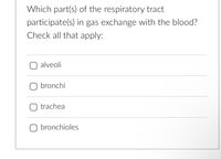 Which part(s) of the respiratory tract
participate(s) in gas exchange with the blood?
Check all that apply:
O alveoli
O bronchi
O trachea
O bronchioles
