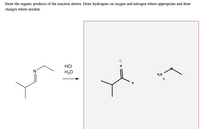 Draw the organic products of the reaction shown. Draw hydrogens on oxygen and nitrogen where appropriate and draw
charges where needed.
HCI
N'
H2O
H,N
