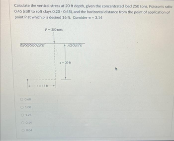 Calculate the vertical stress at 20 ft depth, given the concentrated load 250 tons, Poisson's ratio
0.45 (stiff to soft clays 0.20 -0.45), and the horizontal distance from the point of application of
point P at which p is desired 16 ft. Consider = 3.14
KYKY
0.68
01.08.
1.25
0.14
O 0.04
P= 250 tons
r = 16 ft
TIKXKX
2= 20 ft