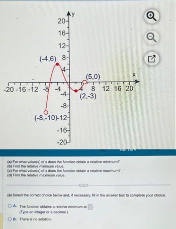 20-
16-
12-
(-4,6) 8-
-20-16-12-8-4
-4-
-8-
(-8,-10)-12-
-16
-20-
B. There is no solution.
(5,0)
8 12 16 20
(2,-3)
X
(a) For what value(s) of x does the function obtain a relative minimum?
(b) Find the relative minimum value.
(c) For what value(s) of x does the function obtain a relative maximum? /
(d) Find the relative maximum value.
Part For 4
(a) Select the correct choice below and, if necessary, fill in the answer box to complete your choice.
OA. The function obtains a relative minimum at
(Type an integer or a decimal.)