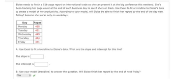 Eloise needs to finish a 516-page report on international trade so she can present it at the big conference this weekend. She's
been tracking her page count at the end of each business day to see if she's on track. Use Excel to fit a trendline to Eloise's data
to create a model of her productivity. According to your model, will Eloise be able to finish her report by the end of the day next
Friday? Assume she works only on weekdays.
Day
Pages
Monday
425
Tuesday 431
Wednesday 449
Thursday 464
Friday
471
A: Use Excel to fit a trendline to Eloise's data. What are the slope and intercept for this line?
The slope is
The intercept is
B: Use your model (trendline) to answer the question. Will Eloise finish her report by the end of next friday?
Yes