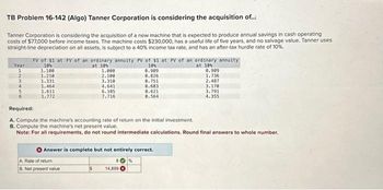 TB Problem 16-142 (Algo) Tanner Corporation is considering the acquisition of...
Tanner Corporation is considering the acquisition of a new machine that is expected to produce annual savings in cash operating
costs of $77,000 before income taxes. The machine costs $230,000, has a useful life of five years, and no salvage value. Tanner uses
straight-line depreciation on all assets, is subject to a 40% income tax rate, and has an after-tax hurdle rate of 10%.
Year
1
2
3
4
FV of $1 at FV of an ordinary annuity PV of $1 at PV of an ordinary annuity
at 10%
at 10%
10%
1.100
1.210
1.331
1.464
1.611
1.772
1.000
2.100
3.310
4.641
6.105
7.716
A. Rate of return
B. Net present value
10%
0.909
0.826
0.751
14,899
0.683
0.621
0.564
Answer is complete but not entirely correct.
86 %
0.909
1.736
Required:
A. Compute the machine's accounting rate of return on the initial investment.
B. Compute the machine's net present value.
Note: For all requirements, do not round intermediate calculations. Round final answers to whole number.
2.487
3.170
3.791
4.355