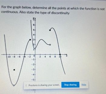 For the graph below, determine all the points at which the function is not
continuous. Also state the type of discontinuity
-10-8-64-2
6+
5+
4
لیا
2
H
O
1
P
-2+
-3+
-4+
N.
2
4 6
8 10
-5+
Proctorio is sharing your screen. Stop sharing Hide
1