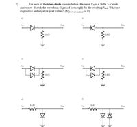 7)
sine wave. Sketch the waveform (1 period is enough) for the resulting Vour. What are
its positive and negative peak values? (AVforwardideal = 0)
For each of the ideal-diode circuits below, the input Vin is a lkHz 5-V peak
a)
b)
Vin
Veut
Vin
Vaut
1k2
1kN
c)
c)
Vin
Vont
Vin
Vout
1k2
e)
f)
Vin
1kN
Vaut
Vin
1kN
Vaut
KH
太太
