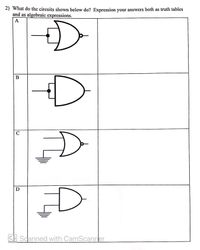 2) What do the circuits shown below do? Expression your answers both as truth tables
and as algebraic expressions.
A
В
C
D
CS Scanned with CamScanner
