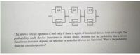 000
0.9
0.8
0.95
0.95
0.95
The above circuit operates if and only if there is a path of functional devices from left to right. The
probability each device functions is shown above. Assume that the probability that a device
functions does not depend on whether or not other devices are functional. What is the probability
that the circuit operates?
