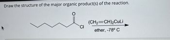 Draw the structure of the major organic product(s) of the reaction.
CI
(CH2=CH)2CuLi
ether, -78° C