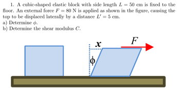 1. A cubic-shaped elastic block with side length L
=
50 cm is fixed to the
floor. An external force F = 80 N is applied as shown in the figure, causing the
top to be displaced laterally by a distance L' = 5 cm.
a) Determine .
b) Determine the shear modulus C.
F
x