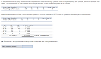 A wholesaler has recently developed a computerized sales invoicing system. Prior to implementing this system, a manual system was
used. The distribution of the number of errors per invoice for the manual system is as follows:
Errors per Invoice
Percentage of Invoices
2
3
More Than 3
87%
6%
4%
2%
1%
After implementation of the computerized system, a random sample of 500 invoices gives the following error distribution:
Errors per Invoice
Number of Invoices
1
2
3
More Than 3
473
10
4
4
pi
Ei
fi
(f - E)
A 2/E
0.87
435
473
3.3195
0.06
30
10
13.3333
0.04
20
9
6.0500
0.02
10
4
3.6000
0.01
4
. 2000
Chi-Square
26.50280
p-value 0.0000001096
(a) Show that it is appropriate to carry out a chi-square test using these data.
Each expected value is 2
