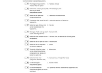 Use the list below to answer the questions.
The Integumentary system is
A. Papilary, reticular
made of what two layers?
Name three accessory structuresB. The Nall body or plate
that are part of the
Integumentary system.
Name the two layers that
C. Sebaceous and sudoriferous
comprise the dermis.
Provide two other names for the D. Holocrine, Apocrine and Merocrine
hypodermis.
Name two types of tissue that E. Fat cells
can be found beneath the
hypodermis.
What type of cells make up close F. Root and shaft
to 50% of the hypodermis?
Name the most abundant cell in G. The halr, nalls, the Multicellular Exocrine glands
the epidermis.
Name the cell that gives us color.H. Keratinocytes
Name the cell that helps with
I. Lunula
our Immune response.
The length of the hair proper
J. Melanocytes
can be divided Into what two
components? (Tip: above and
below the epidermis)
Name the three Inner
K. Subcutaneous and Superficial Fascia
components of the hair shaft.
List the two types if
L. Muscle or bone
Integumentary glands.
List the three ways an
M. Epidermal dendritic cells known as Langerhans cells
Integumentary gland can secrete
Its product.
