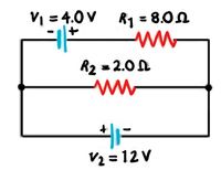 VI = 4.0 v
R1 = 8.0N
%3D
R2 = 2.01
ww
V2 = 12 V
