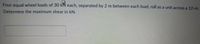 Four equal wheel loads of 30 kN each, separated by 2 m between each load, roll as a unit across a 12-m.
Determine the maximum shear in kN.
