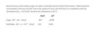 Assume the pe of the surface water of a lake is controlled by the O2/H2O half-reaction. What would the
concentration of ferrous iron (Fe2") be in the system if it has a pH of 8 and it is in equilibrium with the
atmosphere (Po2 = 0.21 atm)? Assume the temperature is 25 °C.
log K
pe
O2(g) + 4H* + 4e" = 2H,0
83.1
20.78
FEOOH(s) + 3H* + e = Fe2* + 2H2O
13.5
13.50
