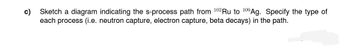 c)
Sketch a diagram indicating the s-process path from 102 Ru to 109 Ag. Specify the type of
each process (i.e. neutron capture, electron capture, beta decays) in the path.