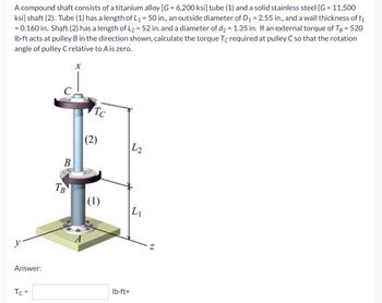 A compound shaft consists of a titanium alloy [G= 6,200 ksi] tube (1) and a solid stainless steel [G = 11,500
ksi] shaft (2). Tube (1) has a length of L₁ = 50 in., an outside diameter of D₁ = 2.55 in., and a wall thickness of t₁
= 0.160 in. Shaft (2) has a length of L2 = 52 in. and a diameter of d₂ = 1.35 in. If an external torque of TB = 520
lb-ft acts at pulley B in the direction shown, calculate the torque Tc required at pulley C so that the rotation
angle of pulley C relative to A is zero.
Tc
Answer:
Tc =
B
TB
(2)
(1)
lb-ft+
L2
L₁