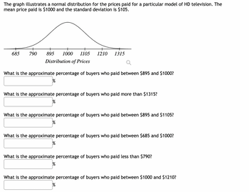 The graph illustrates a normal distribution for the prices paid for a particular model of HD television. The
mean price paid is $1000 and the standard deviation is $105.
895 1000 1105 1210
Distribution of Prices
What is the approximate rcentage of buyers who paid between $895 and $1000?
685 790
%
What is the approximate percentage of buyers who paid more than $1315?
%
1315
What is the approximate percentage of buyers who paid between $895 and $1105?
%
What is the approximate percentage of buyers who paid between $685 and $1000?
What is the approximate percentage of buyers who paid less than $790?
What is the approximate percentage of buyers who paid between $1000 and $1210?