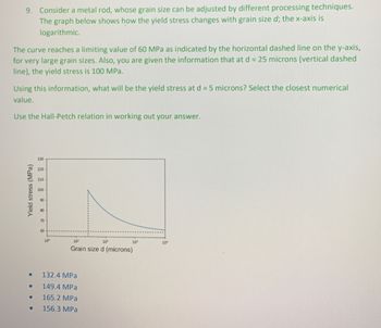 9. Consider a metal rod, whose grain size can be adjusted by different processing techniques.
The graph below shows how the yield stress changes with grain size d; the x-axis is
logarithmic.
The curve reaches a limiting value of 60 MPa as indicated by the horizontal dashed line on the y-axis,
for very large grain sizes. Also, you are given the information that at d = 25 microns (vertical dashed
line), the yield stress is 100 MPa.
Using this information, what will be the yield stress at d = 5 microns? Select the closest numerical
value.
Use the Hall-Petch relation in working out your answer.
Yield stress (MPa)
●
●
228882S
130
120
110
100
60
10⁰
10¹
10²
Grain size d (microns)
132.4 MPa
149.4 MPa
165.2 MPa
156.3 MPa
10