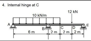 4. Internal hinge at C
A
10 kN/m
B
6 m
2 m
C
12 kN
ID
2 m
2 m
E