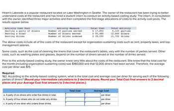 Hiram's Lakeside is a popular restaurant located on Lake Washington in Seattle. The owner of the restaurant has been trying to better
understand costs at the restaurant and has hired a student intern to conduct an activity-based costing study. The intern, in consultation
with the owner, identified three major activities and then completed the first-stage allocations of costs to the activity cost pools. The
results appear below.
Activity Cost Pool
Serving a party of diners
Serving a diner
Serving drinks
Activity Measure
Number of parties served
Number of diners served
Number of drinks ordered
Total Cost
$ 17,850
$ 95,480
$ 39,590
The above costs include all of the costs of the restaurant except for organization-sustaining costs such as rent, property taxes, and top-
management salaries.
Some costs, such as the cost of cleaning the linens that cover the restaurant's tables, vary with the number of parties served. Other
costs, such as washing plates and glasses, depend on the number of diners served or the number of drinks served.
Total Activity
5,100 parties
12,400 diners
10,700 drinks
Prior to the activity-based costing study, the owner knew very little about the costs of the restaurant. She knew that the total cost for
the month (including organization-sustaining costs) was $180,000 and that 12,000 diners had been served. Therefore, the average
cost per diner was $15.
a. A party of six diners who order five drinks in total.
b. A party of four diners who do not order any drinks.
c. A party of one diner who orders three drinks.
Required:
1&2. According to the activity-based costing system, what is the total cost and average cost per diner for serving each of the following
parties of diners? (Round your intermediate calculations to 2 decimal places. Round your Total Cost final answers to 2 decimal
places and your Average Cost final answers to 3 decimal places.)
Total Cost
Average Cost
per diner
per diner
per diner