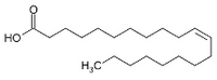 The image displays the structural formula of oleic acid, a common monounsaturated fatty acid. In the diagram:

- The backbone consists of a long hydrocarbon chain with a carboxyl group (COOH) at one end, which is typical of fatty acids.
- The hydrocarbon chain contains a total of 18 carbon atoms.
- There is a double bond between the 9th and 10th carbon atoms, making the molecule unsaturated.
- The presence of the double bond creates a bend in the structure, which affects the physical properties of the acid, such as its melting point.
- The structural formula highlights the positions of carbon (C), hydrogen (H), and oxygen (O) atoms, with specific attention to functional groups like the carboxyl group and the methyl group (CH₃).

Oleic acid is found in various animal and vegetable fats and oils, and it is commonly used in the production of soaps and detergents.