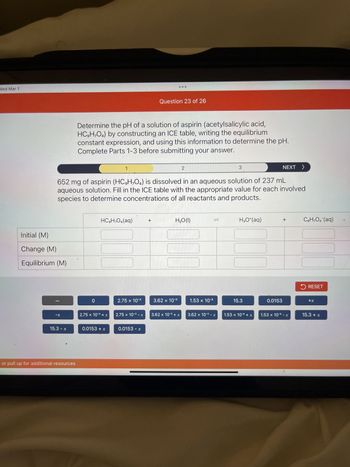 Wed Mar 1
Initial (M)
Change (M)
Equilibrium (M)
11
-X
15.3 - x
or pull up for additional resources
Determine the pH of a solution of aspirin (acetylsalicylic acid,
HC,H,O4) by constructing an ICE table, writing the equilibrium
constant expression, and using this information to determine the pH.
Complete Parts 1-3 before submitting your answer.
652 mg of aspirin (HC,H,O4) is dissolved in an aqueous solution of 237 mL
aqueous solution. Fill in the ICE table with the appropriate value for each involved
species to determine concentrations of all reactants and products.
0
1
HC,H,O,(aq)
10
-3
2.75 x 10-³ + x
0.0153 + x
2.75 x 10-³
2.75 x 10-³ - X
Question 23 of 26
0.0153 - x
+
2
H₂O (1)
3.62 x 10-³
-3
3.62 x 10-³ + x
1.53 x 10-5
3.62 x 10-3 - X
3
S
H3O+ (aq)
15.3
1.53 x 10-5 + x
NEXT >
0.0153
+
1.53 x 10-5-x
✔
C9H₂O4 (aq)
000
RESET
+x
15.3 + x