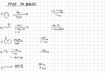 a)
b).
Predict the products
NH₂
900
19
Br₂
CH₂C1
1. CH3 I
2. Ag₂0, H₂0
3. A
(CH₂)₂ COK.
CH3 Br
Na
лон
2. NH₂U, H₂D
e) - ill Myg HAc)₂, H₂D
1. NaH
2.
CH3 I
+
-Br
риз
to
-OK, A
2.eq.
・oNa
JOH
1.BH3 THE
2. H₂O2, H₂0, NaOH