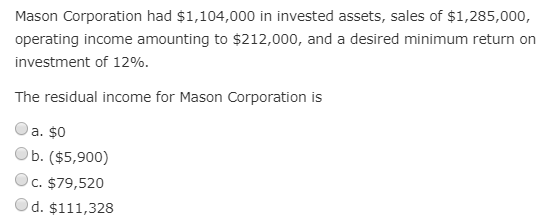 Mason Corporation had $1,104,000 in invested assets, sales of $1,285,000,
operating income amounting to $212,000, and a desired minimum return on
investment of 12%.
The residual income for Mason Corporation is
a. $0
b. ($5,900)
C. $79,520
d. $111,328
