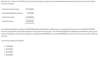 Sheridan Co. at the end of 2024, its first year of operations, prepared a reconciliation between pretax financial income and taxable
income as follows:
Pretax financial income
Estimated litigation expense
Installment sales
Taxable income
Income tax expense for 2024 is
$1350000
O $930000.
O $270000.
O $530000.
O $400000.
3250000
The estimated litigation expense of $3250000 will be deductible in 2026 when it is expected to be paid. Gross profit of $1300000
from the installment sales will be realized in each of the next two years. The estimated liability for litigation is classified as noncurrent
and the installment accounts receivable are classified as $1300000 current and $1300000 noncurrent. The income tax rate is 20% for
all years.
(2600000)
$2000000