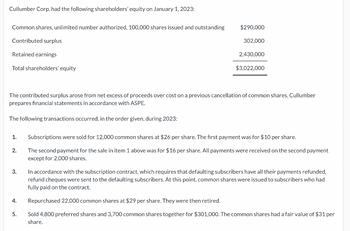 Cullumber Corp. had the following shareholders' equity on January 1, 2023:
Common shares, unlimited number authorized, 100,000 shares issued and outstanding
Contributed surplus
Retained earnings
Total shareholders' equity
The following transactions occurred, in the order given, during 2023:
1.
The contributed surplus arose from net excess of proceeds over cost on a previous cancellation of common shares. Cullumber
prepares financial statements in accordance with ASPE.
2.
3.
4.
$290,000
302,000
5.
2,430,000
$3,022,000
Subscriptions were sold for 12,000 common shares at $26 per share. The first payment was for $10 per share.
The second payment for the sale in item 1 above was for $16 per share. All payments were received on the second payment
except for 2,000 shares.
In accordance with the subscription contract, which requires that defaulting subscribers have all their payments refunded,
refund cheques were sent to the defaulting subscribers. At this point, common shares were issued to subscribers who had
fully paid on the contract.
Repurchased 22,000 common shares at $29 per share. They were then retired.
Sold 4,800 preferred shares and 3,700 common shares together for $301,000. The common shares had a fair value of $31 per
share.