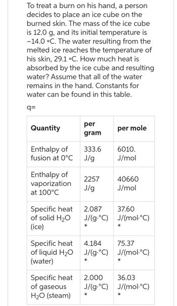 To treat a burn on his hand, a person
decides to place an ice cube on the
burned skin. The mass of the ice cube
is 12.0 g, and its initial temperature is
-14.0 °C. The water resulting from the
melted ice reaches the temperature of
his skin, 29.1 °C. How much heat is
absorbed by the ice cube and resulting
water? Assume that all of the water
remains in the hand. Constants for
water can be found in this table.
q=
Quantity
Enthalpy of
fusion at 0°C
Enthalpy of
vaporization
at 100°C
Specific heat
of solid H₂O
(ice)
Specific heat
of liquid H₂O
(water)
Specific heat
of gaseous
H₂O (steam)
per
gram
333.6
J/g
2257
J/g
2.087
J/(g.°C)
*
4.184
J/(g.°C)
*
2.000
J/(g.°C)
*
per mole
6010.
J/mol
40660
J/mol
37.60
J/(mol·°C)
*
75.37
J/(mol·°C)
*
36.03
J/(mol·°C)
*