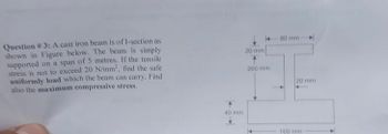 Question # 3: A cast iron beam is of 1-section as
shown in Figure below. The beam is simply
supported on a span of 5 metres. If the tensile
stress is not to exceed 20 N/mm², find the safe
uniformly load which the beam can carry. Find
also the maximum compressive stress.
40 mm
20 mm
200 mm
80 mm
20 mm
160 mm.
T