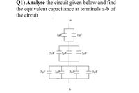 Q1) Analyse the circuit given below and find
the equivalent capacitance at terminals a-b of
the circuit
a
lµF
C1µF
2µF
-2µF-
-2µF
3µF
3µF
3 μF
3µF
