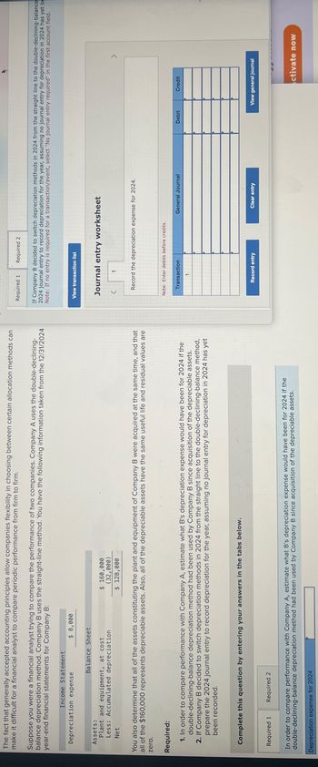 The fact that generally accepted accounting principles allow companies flexibility in choosing between certain allocation methods can
make it difficult for a financial analyst to compare periodic performance from firm to firm.
Suppose you were a financial analyst trying to compare the performance of two companies. Company A uses the double-declining-
balance depreciation method. Company B uses the straight-line method. You have the following information taken from the 12/31/2024
year-end financial statements for Company B:
Required 1
Required 2
If Company B decided to switch depreciation methods in 2024 from the straight line to the double-declining-balance
2024 journal entry to record depreciation for the year, assuming no journal entry for depreciation in 2024 has yet be
Note: If no entry is required for a transaction/event, select "No journal entry required" in the first account field.
Income Statement
Depreciation expense
$ 8,000
Balance Sheet
Assets:
Plant and equipment, at cost
View transaction list
Less: Accumulated depreciation
Net
$ 160,000
(32,000)
$ 128,000
You also determine that all of the assets constituting the plant and equipment of Company B were acquired at the same time, and that
all of the $160,000 represents depreciable assets. Also, all of the depreciable assets have the same useful life and residual values are
zero.
Journal entry worksheet
Record the depreciation expense for 2024.
Required:
1. In order to compare performance with Company A, estimate what B's depreciation expense would have been for 2024 if the
double-declining-balance depreciation method had been used by Company B since acquisition of the depreciable assets.
2. If Company B decided to switch depreciation methods in 2024 from the straight line to the double-declining-balance method,
prepare the 2024 journal entry to record depreciation for the year, assuming no journal entry for depreciation in 2024 has yet
been recorded.
Complete this question by entering your answers in the tabs below.
Required 1
Required 2
In order to compare performance with Company A, estimate what B's depreciation expense would have been for 2024 if the
double-declining-balance depreciation method had been used by Company B since acquisition of the depreciable assets.
Depreciation expense for 2024
Note: Enter debits before credits.
Transaction
1
General Journal
Debit
Credit
Record entry
Clear entry
View general journal
Activate now