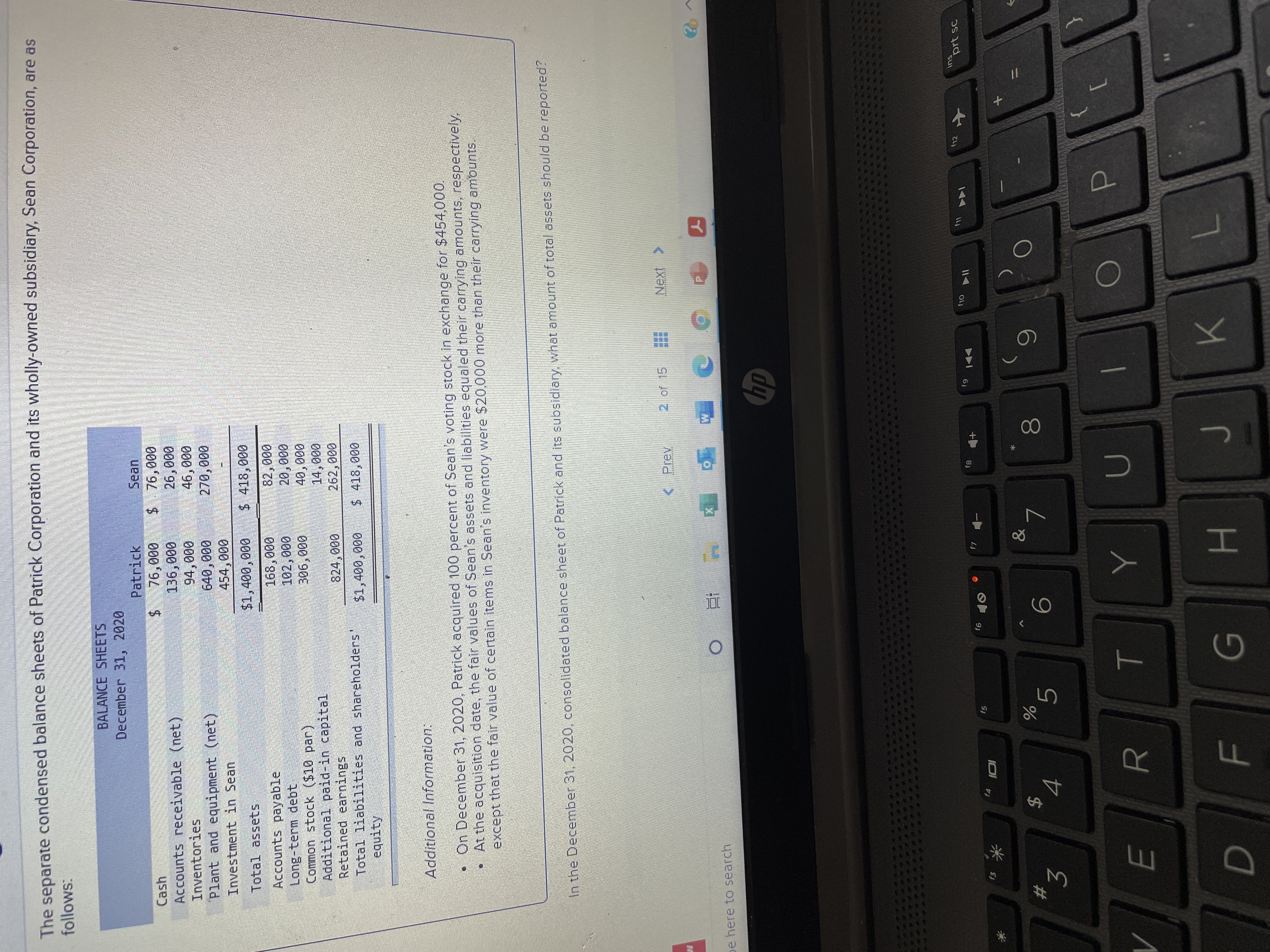 LL
%24
The separate condensed balance sheets of Patrick Corporation and its wholly-owned subsidiary, Sean Corporation, are as
BALANCE SHEETS
December 31, 2020
Patrick
Sean
Cash
Accounts receivable (net)
Inventories
Plant and equipment (net)
Investment in Sean
24
000'9
000 9
000
00000
000 0
000
$1,400,000
$ 418,000
Total assets
82,000
Accounts payable
Long-term debt
Common stock ($10 par)
Additional paid-in capital
Retained earnings
000'8
000
306,000
262,000
000't78
Total liabilities and shareholders'
000
Additional Information:
• On December 31, 2020, Patrick acquired 100 percent of Sean's voting stock in exchange for $454,000.
• At the acquisition date, the fair values of Sean's assets and liabilities equaled their carrying amounts, respectively,
except that the fair value of certain items in Sean's inventory were $20,000 more than their carrying amounts.
In the December 31, 2020, consolidated balance sheet of Patrick and its subsidiary, what amount of total assets should be reported?
< Prev
2 of 15
Next
be here to search
dy
144
f4
f5
米到
&
$
*3
81
4.
5.
R
H.
