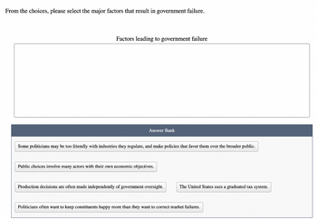 From the choices, please select the major factors that result in government failure.
Factors leading to government failure
Answer Bank
Some politicians may be too friendly with industries they regulate, and make policies that favor them over the broader public.
Public choices involve many actors with their own economic objectives.
Production decisions are often made independently of government oversight.
The United States uses a graduated tax system.
Politicians often want to keep constituents happy more than they want to correct market failures.