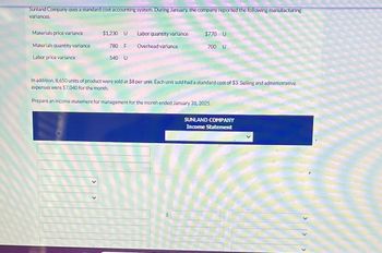 Sunland Company uses a standard cost accounting system. During January, the company reported the following manufacturing
variances.
Materials price variance
$1,230 U
Labor quantity variance
$770 U
Materials quantity variance
780 F
Overhead variance
700 U
Labor price variance
540 U
In addition, 8,650 units of product were sold at $8 per unit. Each unit sold had a standard cost of $3. Selling and administrative
expenses were $7,040 for the month.
Prepare an income statement for management for the month ended January 31, 2025.
SUNLAND COMPANY
Income Statement