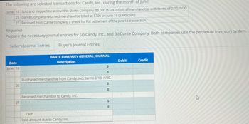 **Selected Transactions for Candy, Inc. during June:**

- **June 18:** Sold and shipped merchandise on account to Dante Company, $5,000 ($3,000 cost of merchandise), with terms of 2/10, n/30.
- **June 25:** Dante Company returned merchandise billed at $700 on June 18 ($300 cost).
- **June 27:** Received from Dante Company a check for the full settlement of the June 18 transaction.

**Required:**
Prepare the necessary journal entries for (a) Candy, Inc., and (b) Dante Company. Both companies use the perpetual inventory system.

**Seller's Journal Entries**
- Not displayed in the image, but would typically include sales, accounts receivable, returns and allowances, and cash collections.

**Buyer's Journal Entries (Dante Company):**

| **Date** | **Description**                               | **Debit** | **Credit**  |
|----------|------------------------------------------------|-----------|-------------|
| June 18  | Purchased merchandise from Candy, Inc.; terms 2/10, n/30. |     .     |     .       |
| June 25  | Returned merchandise to Candy, Inc.            |     .     |     .       |
| June 27  | Cash                                           |     .     |     .       |
|          | Paid amount due to Candy, Inc.                 |           |             |

**Explanation:**

1. **June 18: Purchased merchandise from Candy, Inc.; terms 2/10, n/30.**
   - Not detailed in the provided section, but usually involves a debit to Merchandise Inventory and a credit to Accounts Payable.

2. **June 25: Returned merchandise to Candy, Inc.**
   - Involves a debit to Accounts Payable and a credit to Merchandise Inventory for the return.

3. **June 27: Payment for the remaining balance to Candy, Inc.**
   - Typically involves a debit to Accounts Payable, a credit to Cash, and if applicable, recognition of any purchase discounts taken (debit) based on the payment term of 2/10.

This setup illustrates how Dante Company records purchase, return, and payment transactions. The perpetual inventory system ensures real-time updates to inventory and cost accounts.