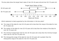 The box plots show the target heart rates of men 20-40 years old and men 50-70 years old.
Target Heart Rates of Men
20-40 years old
50-70 years old
70 80
90
100 110
120 130
140
150
160
170
Beats per Minute
Which statement is best supported by the information in the box plots?
A The range of the data for men 20-40 years old is less than the range of the data for men
50-70 years old.
B The median of the data for men 20-40 years old is less than the median of the data for
men 50-70 years old.
C The minimum target heart rate for men 20-40 years old is less than the minimum target
heart rate for men 50-70 years old.
D The interquartile range of the data for men 20-40 years old is greater than the
interquartile range of the data for men 50-70 years old.
