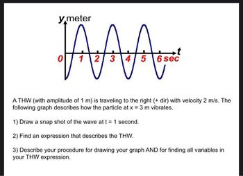 y meter
S
1 2 3 4
5 6 sec
A THW (with amplitude of 1 m) is traveling to the right (+ dir) with velocity 2 m/s. The
following graph describes how the particle at x = 3 m vibrates.
1) Draw a snap shot of the wave at t = 1 second.
2) Find an expression that describes the THW.
3) Describe your procedure for drawing your graph AND for finding all variables in
your THW expression.