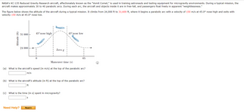 NASA's KC-135 Reduced Gravity Research aircraft, affectionately known as the "Vomit Comet," is used in training astronauts and testing equipment for microgravity environments. During a typical mission, the
aircraft makes approximately 30 to 40 parabolic arcs. During each arc, the aircraft and objects inside it are in free-fall, and passengers float freely in apparent "weightlessness."
The figure below shows the altitude of the aircraft during a typical mission. It climbs from 24,000 ft to 31,600 ft, where it begins a parabolic arc with a velocity of 150 m/s at 45.0° nose-high and exits with
velocity 150 m/s at 45.0° nose-low.
Altitude (ft)
31 000
24 000
45° nose high
0
Zero g
Need Help? Read It
45° nose low
Maneuver time (s)
(a) What is the aircraft's speed (in m/s) at the top of the parabolic arc?
m/s
(c) What is the time (in s) spent in microgravity?
65
(b) What is the aircraft's altitude (in ft) at the top of the parabolic arc?
ft