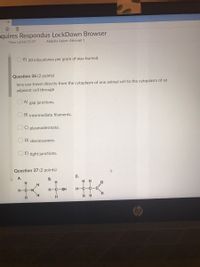 =quires Respondus LockDown Browser
Time Left:0:55:57
Abdulla Salem: Attempt 1
E) 20 kilocalories per gram of wax burned
Question 36 (2 points)
lons can travel directly from the cytoplasm of one animal cell to the cytoplasm of an
adjacent cell through
O A) gap junctions.
B) intermediate filaments.
C) plasmodesmata.
D) desmosomes.
E) tight junctions.
Question 37 (2 points)
A.
C.
В.
H.
H
H-C-N
H.
H-C-SH
H-C
H.
H.
H H
hp
