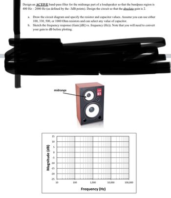 Design an ACTIVE band-pass filter for the midrange part of a loudspeaker so that the bandpass region is
400 Hz-2000 Hz (as defined by the -3dB points). Design the circuit so that the absolute gain is 2.
a. Draw the circuit diagram and specify the resistor and capacitor values. Assume you can use either
100, 330, 500, or 1000 Ohm resistors and can select any value of capacitor.
b. Sketch the frequency response (Gain [dB] vs. frequency (Hz)). Note that you will need to convert
your gain to dB before plotting.
Magnitude (dB)
15
10
5
midrange
12 1
-5
-10
-15
-20
-25
10
100
1,000
Frequency (Hz)
10,000
100,000