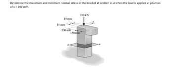 Determine the maximum and minimum normal stress in the bracket at section a-a when the load is applied at position
of x 300 mm.
15 mm
15 mm
200 mm
150 mm
100 KN
a