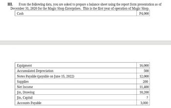 III. From the following data, you are asked to prepare a balance sheet using the report form presentation as of
December 31, 2020 for the Magic Shop Enterprises. This is the first year of operation of Magic Shop.
Cash
P4,000
Equipment
Accumulated Depreciation
Notes Payable (payable on June 15, 2022)
Supplies
Net Income
Jin, Drawing
Jin, Capital
Accounts Payable
16,000
500
12,000
200
11,400
10,200
?
3,000