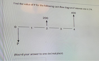 Find the value of P for the following cash flow diagram if interest rate is 2 % .
400
200
3
4
(Round your answer to one decimal place).
