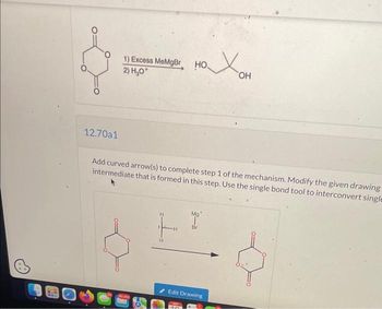 $
12.70a1
1) Excess MeMgBr
2) H₂O*
HO
Mg
T
Br
X₂
Add curved arrow(s) to complete step 1 of the mechanism. Modify the given drawing
intermediate that is formed in this step. Use the single bond tool to interconvert single
Edit Drawing
OH